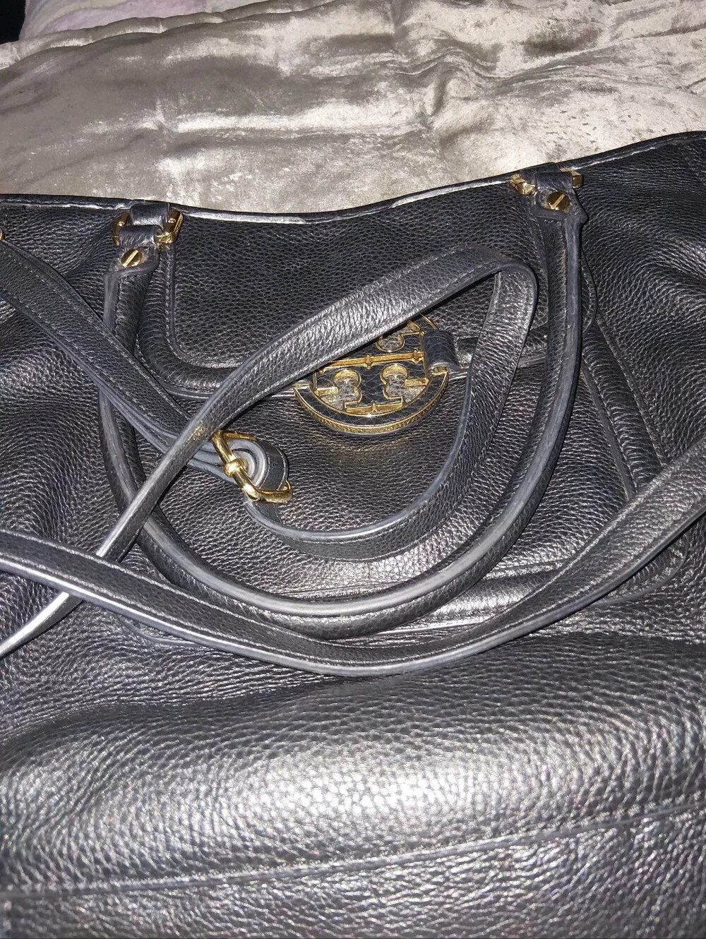 Tory Burch Black Pebbled Leather Tote with Gold Logo